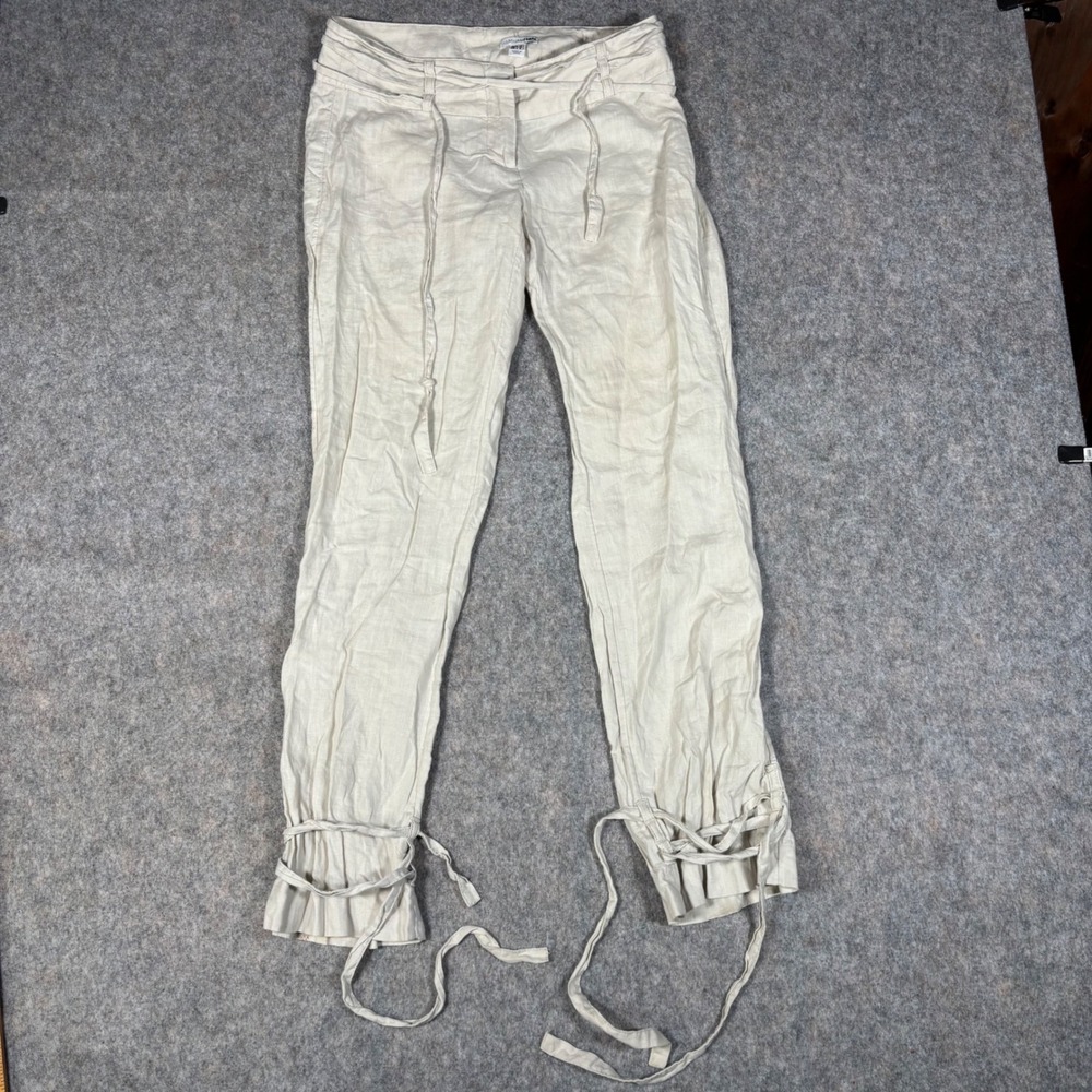 H&M 100% Linen Tie Cuff Pants Womens 4 Beige Low Rise Straight Leg Trousers